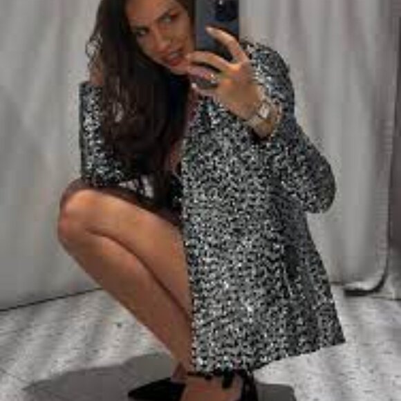 Zara silver black collarless sequin holiday sparkle blazer size S - Picture 4 of 8